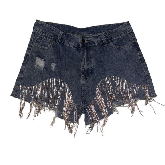 On The Fringe Rhinestone Denim Shorts - Picture 5 of 6